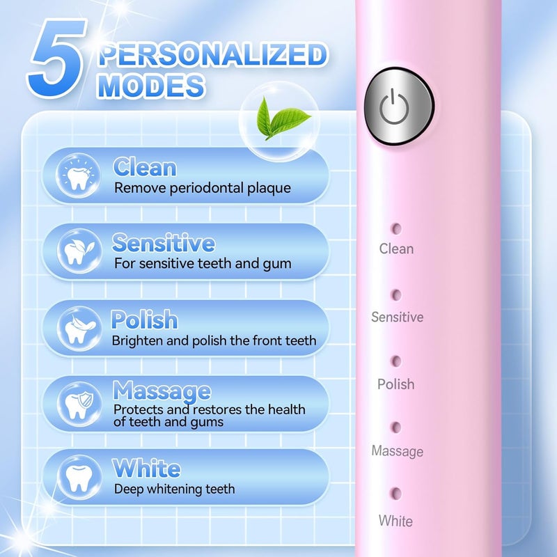 JTF Sonic Electric Toothbrush for Adults: 6 Brush Heads, Travel Bag, Tongue Scraper, 5 Brushing Modes for Teeth, Smart Timer and IPX7 Waterproof, Rechargeable Toothbrush for Deep Cleaning & Whitening - Image 2
